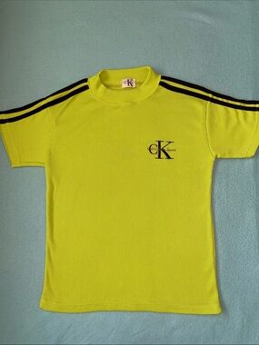 CALVIN KLEIN mock neck rib knit neon green short sleeve 3 blk stripes NEW size S